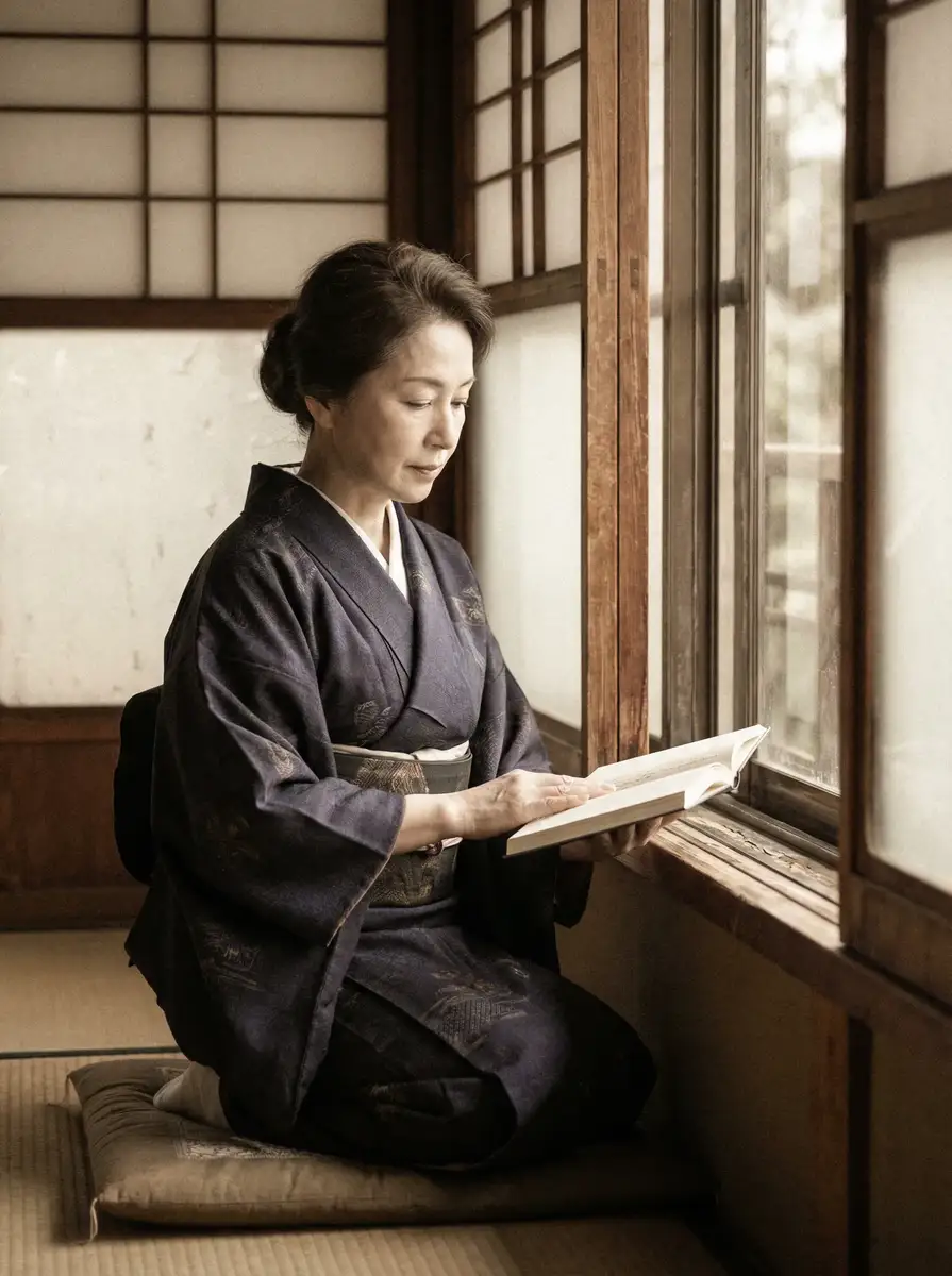 一位优雅的五十岁 桃乃木 身穿深蓝色和服，在窗边静读