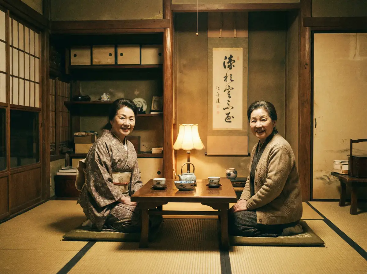 两位优雅的 桃乃木 在日式茶室中品茶交谈